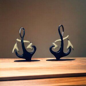 Vintage Anchor Earrings Pierced Silver‎ Blue White Studs